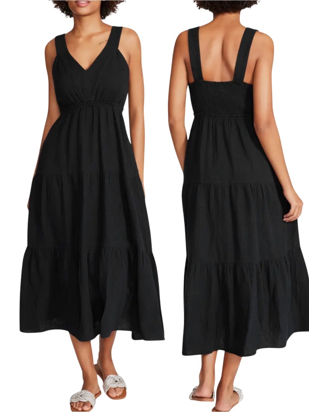 Steve Madden Tiered 100% Cotton Midi Dress in Black Size Large